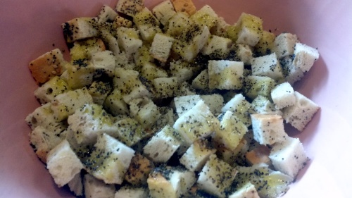 Sprinkle over the salt, pepper and mixed herbs and stir well but gently, in order to spread evenly